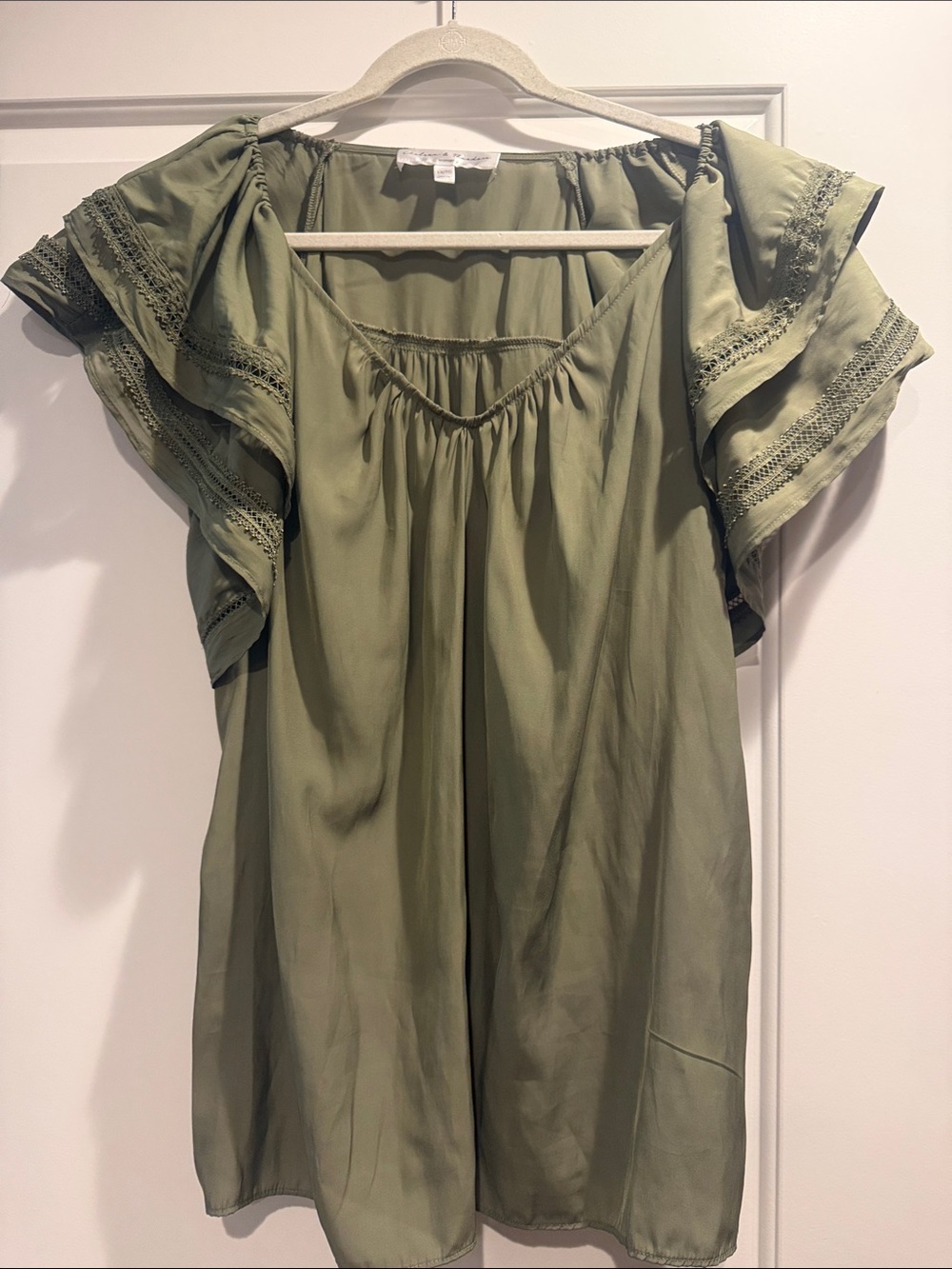 Chelsea & Theodore Olive Green Flutter Sleeve Blouse